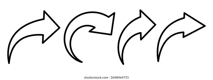 Establecer Vector de icono de flecha de curva negra larga. Flechas curvas. Signo de flecha. Icono de flecha para diseño de Sitio web, logotipo, App, interfaz de usuario. Ilustración vectorial.