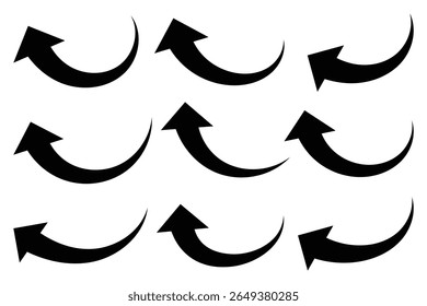 Definir vetor de ícone de seta longa curva preta. Setas curvas desenhadas à mão. Setas curvas pretas. Ícones de estilo plano. Ícone de seta para usar para design de site, logotipo, aplicativo, interface do usuário. Ilustração vetorial