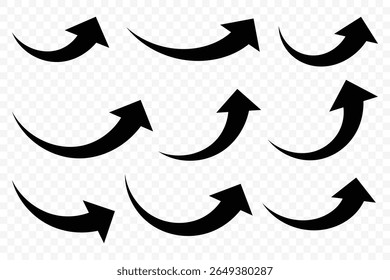 Set long Black curve arrow icon vector. Hand drawn curved arrows. Black curved arrows. Flat style icons. Arrow icon use for web site design, logo, app, UI. Vector illustration