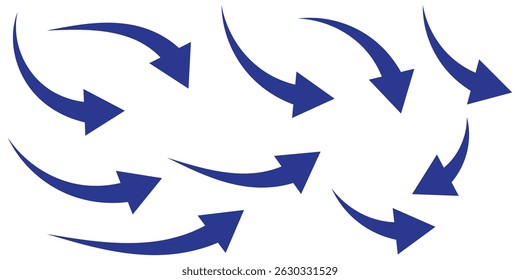 Conjunto de Vector de icono de flecha de curva azul largo. conjunto de iconos de flecha de curva azul. Ilustración vectorial de flecha de curva. Icono curvo o arco aislado eps 10