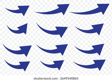 Conjunto de iconos de flecha de curva azul larga. conjunto de iconos de flecha de curva azul. conjunto de Vectores de flecha larga. Conjunto de flechas curvas aisladas sobre fondo blanco. Flechas curvas, flechas curvas dibujadas a mano. EPS 10.