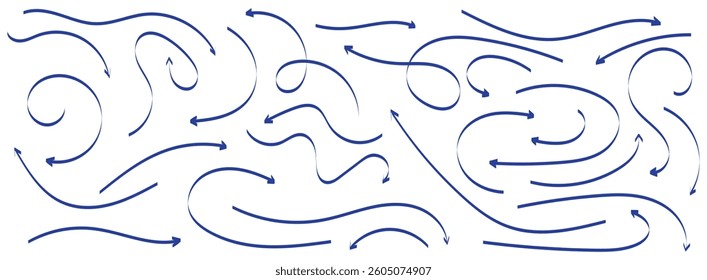 Set long blue doodle arrow icon vector . blue curve arrow icon set. long arrow icon set. curve arrow vector.