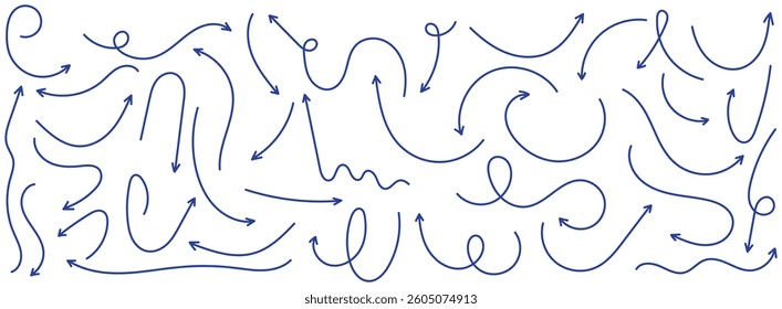 Set long blue doodle arrow icon vector . blue curve arrow icon set. long arrow icon set. curve arrow vector.