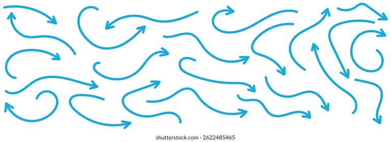 Vector Conjunto de iconos de flecha de doodle azul largo. conjunto de iconos de flecha de curva azul. conjunto de iconos de flecha larga. Vector de flecha de curva.