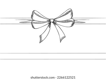Set of long  bow and ribbon. Hand drawn vintage line art. Ink sketched vector illustration. You can change the line collor on the vector deta.