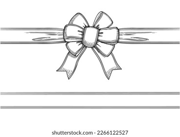 Set of long  bow and ribbon. Hand drawn vintage line art. Ink sketched vector illustration. You can change the line collor on the vector deta.