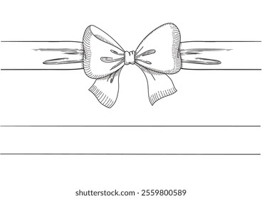 Set of long  bow and ribbon. Hand drawn vintage line art. Ink sketched vector illustration. You can change the line collor on the vector deta.