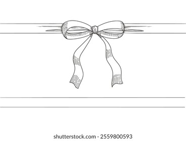 Set of long  bow and ribbon. Hand drawn vintage line art. Ink sketched vector illustration. You can change the line collor on the vector deta.