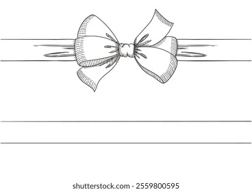 Set of long  bow and ribbon. Hand drawn vintage line art. Ink sketched vector illustration. You can change the line collor on the vector deta.