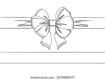 Set of long  bow and ribbon. Hand drawn vintage line art. Ink sketched vector illustration. You can change the line collor on the vector deta.