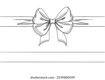 Set of long  bow and ribbon. Hand drawn vintage line art. Ink sketched vector illustration. You can change the line collor on the vector deta.