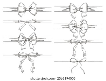 Set of long  bow and ribbon. Hand drawn vintage line art. Ink sketched vector illustration. You can change the line collor on the vector deta.