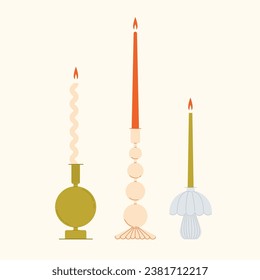 Set of long candles in glass candlesticks. Trendy home design illustration. Hand drawn vector background.
