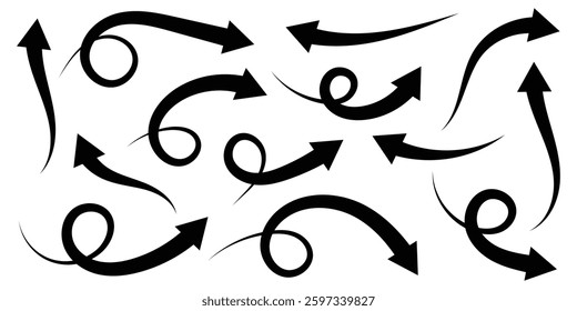 Set of long curved arrow icon. Curved arrow icon set. Hand drawn arrow icon set. Curved arrows isolated on white background. Curved arrows, hand drawn arrows. Vector illustration.