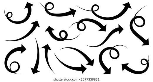 Set of long curved arrow icon. Curved arrow icon set. Hand drawn arrow icon set. Curved arrows isolated on white background. Curved arrows, hand drawn arrows. Vector illustration.
