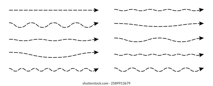 Set of long curved, dashed line arrows icons