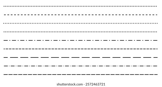 Set of long dashed, dotted lines. Different lines for notebook pages, divider border