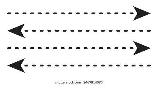 Set of long dotted arrows. Long dotted line arrow vector. Long Arrows vector set. Arrow icon, cursor collection. Opposite direction arrows or web design. Large arrow vector and icon.