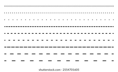 Set of long dotted line connection. different types of long dashed line. collection of lines for notebook pages. graphic seamless pattern with black stripes