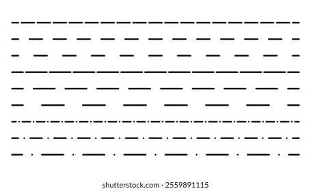 Set of long dotted line connection. different types of long dashed line. collection of lines for notebook pages. different dotted lines