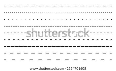 Set of long dotted line connection. different types of long dashed line. collection of lines for notebook pages. graphic seamless pattern with black stripes