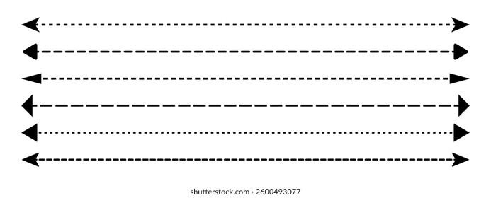 Set of long double straight, dashed vector arrows