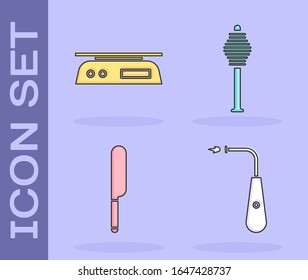 Set Long electric lighter, Electronic scales, Knife and Honey dipper stick icon. Vector