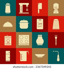 Encendedor eléctrico largo, tenedor, gráter, helicóptero de carne, olla de cocina, cubierto con bandeja de comida, sal y pimienta y icono de tabla de despiece. Vector