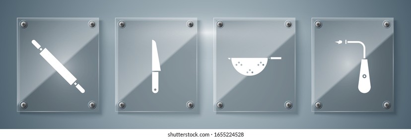 Set Long electric lighter, Kitchen colander, Knife and Rolling pin. Square glass panels. Vector