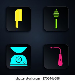 Set Long electric lighter, Meat chopper, Scales and Honey dipper stick. Black square button. Vector