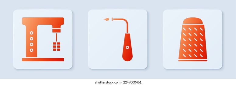 Set Long electric lighter, Electric mixer and Grater. White square button. Vector