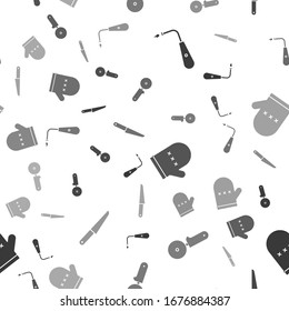 Set Long electric lighter, Pizza knife, Oven glove and Knife on seamless pattern. Vector