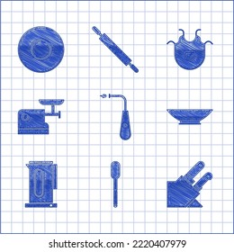 Set Long electric lighter, Spoon, Knife, Bowl, Kettle with handle, Kitchen meat grinder, apron and Plate icon. Vector