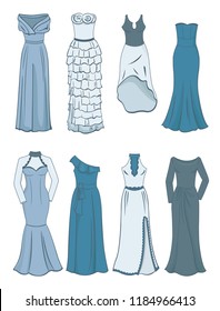 Set of long evening dresses, beautiful styles for celebrations, isolated on white background 