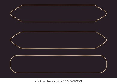 Set long frame thin line gold border shiny panel empty interface fantasy game menu isolated on dark background. Elegant medieval metal design. 