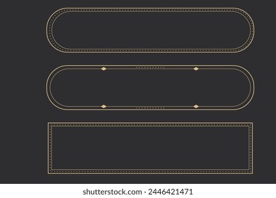 Set long frame thin line gold border shiny panel empty interface fantasy game menu isolated on dark background. Elegant medieval metal design. 