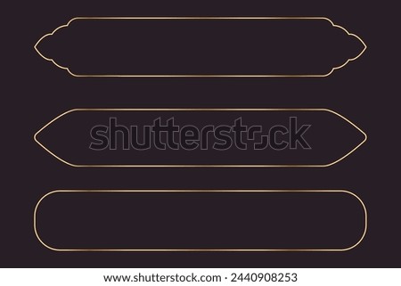 Set long frame thin line gold border shiny panel empty interface fantasy game menu isolated on dark background. Elegant medieval metal design. 