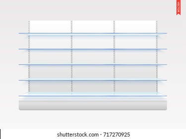 Set of Long Glass Shelves Vector Isolated on the Metal Back Background