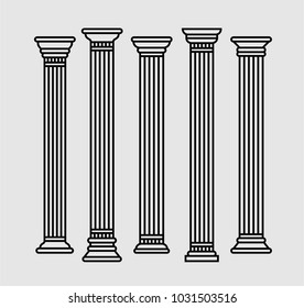 Set of long greek roman and oriental columns. Vector isolated illustration. Black outline.