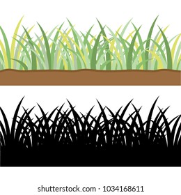 Set of long green grass fresh ground and solid black sihouettes grass on white background vector