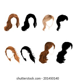 Set long hair  natural and silhouette Vector Illustration 