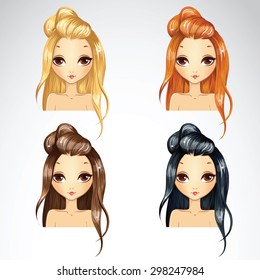 Set of long hair styling in different colours for woman 