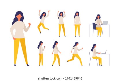 Set of long hair woman in different poses. Businesswoman working character design set. Vector illustration in flat style.