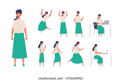 Set of long hair woman in different poses. Businesswoman working character design set. Vector illustration in flat style.