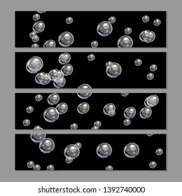 Set of long horisontal bubble backgrounds for web, print and social media. Transparent bubbles on black. Vector template isolated on gray.