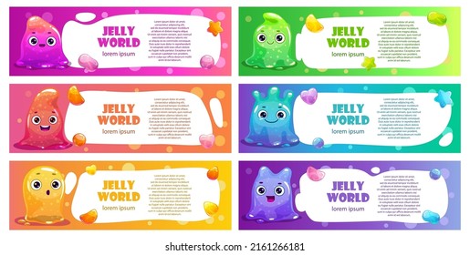 Set of long horizontal banners with colorful glittery slime characters, candies and place for text. Cute jelly monsters set. Vector templates for web, game or typography design.