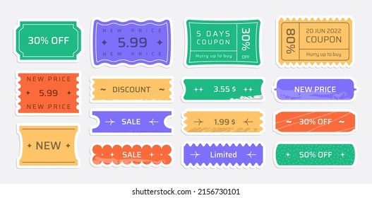 Set of long horizontal shapes vector price tags, with shabby and torn edges and grunge textures, unique promotion offers and discount coupons