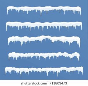 Set of long ice caps. Snowdrifts, icicles, elements winter decor