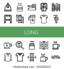 Set of long icons such as Cupping, Sweatshirt, Sleeveless shirt, Measure, Measure tape, Coffee cup, Trench coat, Polo shirt, Mimosa, Measuring, Tanktop, Wall clock, Break , long