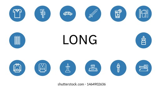 Set of long icons such as Polo shirt, Measuring, Limousine, Sword, Cuba libre, Measure, Sweatshirt, Long sleeve, Coffee cup, Dropper, Measure tape, Grissini , long